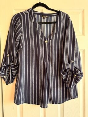 Sara Michelle Navy and White Vertical-Stripe V-Neck Tunic